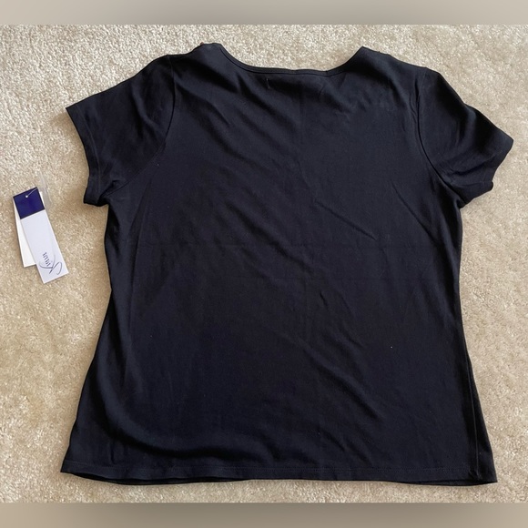 Kiara - Black V-Neck Ruched Wood Stone Bead Trim Top Tee - NEW w/ TAGS - Size M - Picture 6 of 9